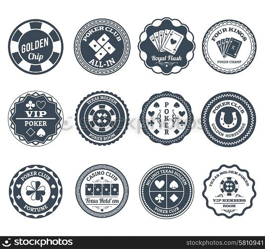 Poker black labels set. Casino gambling poker clubs golden chip and royal flush symbols black labels set abstract isolated vector illustration