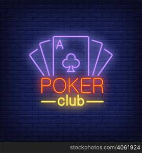 Poker card lettering with playing cards. Neon icon on brick background. Game, nightclub, casino. Gambling concept. For topics like entertainment, leisure, nightlife