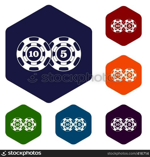 Poker chips nominal five and ten icons set rhombus in different colors isolated on white background. Poker chips nominal five and ten icons set