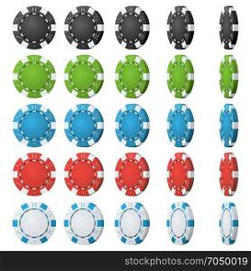 Poker Chips Vector. Flip Different Angles. Set Classic Colored Poker Chips Icon Isolated On White. White, Red, Black, Blue, Green Casino Chips Illustration.. Poker Chips Vector. 3D Realistic Set. Colored Poker Game Chips Sign Isolated On White Background. Flip Different Angles. White, Red, Black, Blue, Green Casino Chips Illustration.