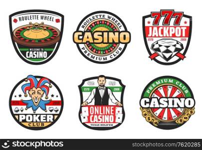 Poker club signs, casino gambling game icons. Vector symbols of casino croupier with gamble cards, wheel of fortune roulette with dice and joker, lucky seven and Texas poker diamond. Casino poker club sign, premium jackpot gambling