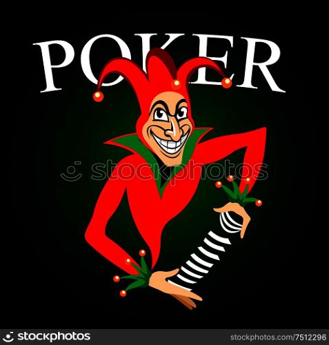Poker game emblem with cartoon joker in colorful costume and hat with bells. Joker holds deck of playing cards in hands on dark green background with caption Poker . Poker emblem with joker and playing cards