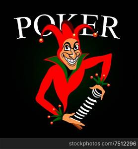 Poker game emblem with cartoon joker in colorful costume and hat with bells. Joker holds deck of playing cards in hands on dark green background with caption Poker . Poker emblem with joker and playing cards
