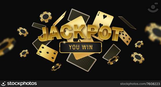 Poker jackpot online tournament horizontal black golden invitation banner with realistic floating cards and chips vector illustration