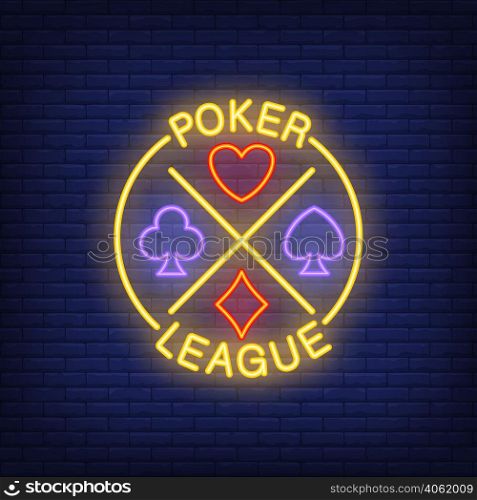 Poker league lettering with suits. Neon icon on brick background. Game, nightclub, casino. Gambling concept. For topics like entertainment, leisure, nightlife