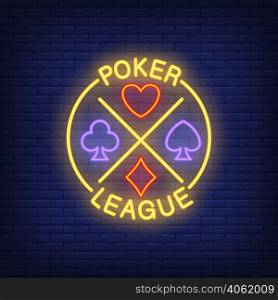 Poker league lettering with suits. Neon icon on brick background. Game, nightclub, casino. Gambling concept. For topics like entertainment, leisure, nightlife