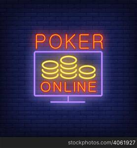 Poker online banner in neon style on brick background. Online game, videogame, casino. Gambling concept. For topics like entertainment, leisure, application