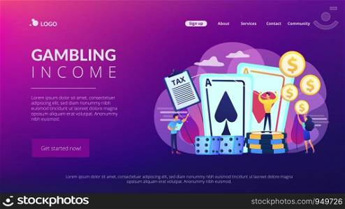 Poker player, lucky casino winner flat vector character. Gambling income, taxation of gambling income, legal wagers operations concept. Website homepage landing web page template.. Gambling income concept landing page.