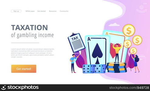 Poker player, lucky casino winner flat vector character. Gambling income, taxation of gambling income, legal wagers operations concept. Website homepage landing web page template.. Gambling income concept landing page.