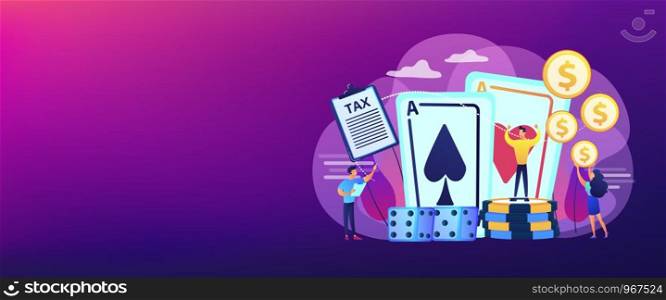Poker player, lucky casino winner flat vector character. Gambling income, taxation of gambling income, legal wagers operations concept. Header or footer banner template with copy space.. Gambling income concept banner header.