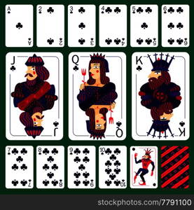 Poker playing cards club suit set laid out on green table isolated vector illustration . Poker Playing Cards Club Suit Set