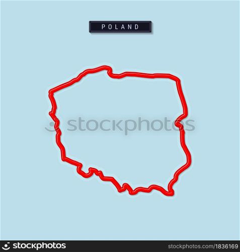 Poland bold outline map. Glossy red border with soft shadow. Country name plate. Vector illustration.. Poland bold outline map. Vector illustration