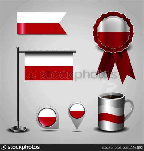 Poland Country Flag place on Map Pin, Steel Pole and Ribbon Badge Banner. Vector EPS10 Abstract Template background