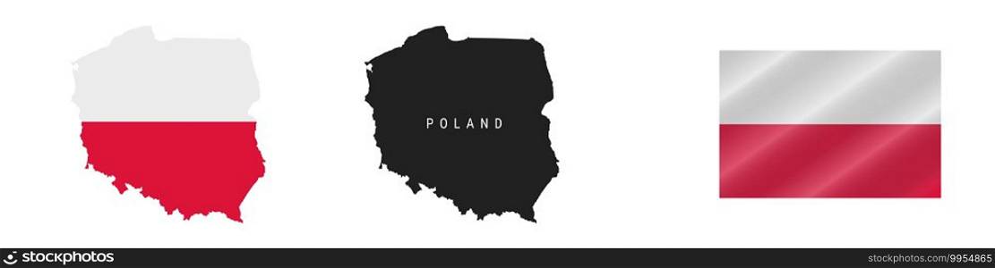 Poland. Map with masked flag. Detailed silhouette. Waving flag. Vector illustration isolated on white.. Poland. Detailed flag map. Detailed silhouette. Waving flag. Vector illustration
