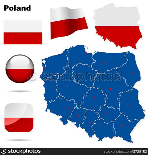 Poland vector set. Detailed country shape with region borders, flags and icons isolated on white background.