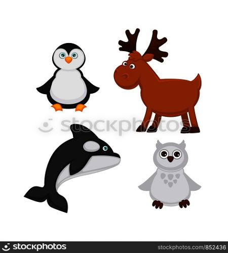 Polar animals and arctic fish cartoon characters. Vector funny polar white owl, reindeer or orca killer whale and and penguin isolated icons for zoo kid design. Polar animals and fish cartoon vector icons of penguin, reindeer, whale and owl