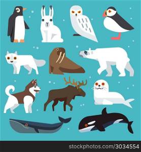 Polar animals flat icons. Polar animals icons. Polar birds and arctic northern animals vector set in flat style