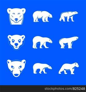 Polar bear baby white icons set. Simple illustration of 9 polar bear baby white vector icons for web. Polar bear baby white icons set, simple style