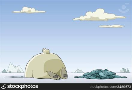 Polar bear catches fish in the hole, vector