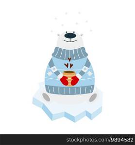 Polar bear character sits on ice and holds a cup of coffee. Flat vector illustration on a white background. Can be used for Christmas card, sticker, poster, etc.