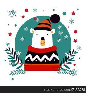Polar bear Christmas animal wearing knitted sweater and warm hat vector. Arctic animal from, north pole, wildlife and nature. Branches with leaves, snowflakes falling down, mammal symbolizing winter. Polar bear Christmas animal wearing knitted sweater and hat
