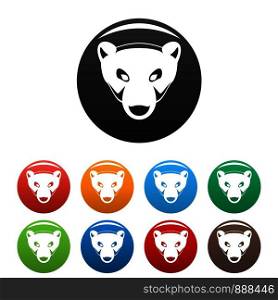 Polar bear head icons set 9 color vector isolated on white for any design. Polar bear head icons set color