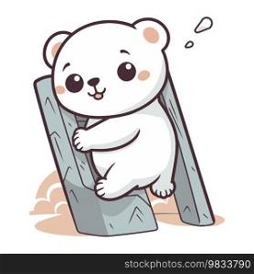 Polar bear sit on wooden bridge vector illustration. Cartoon polar bear sit on wooden bridge.