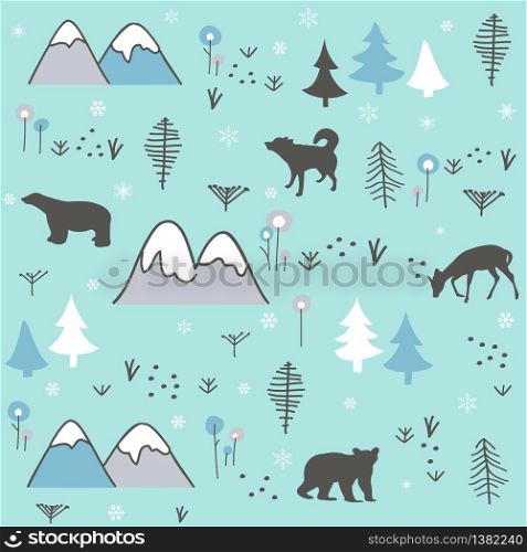 Polar bear, wolf, deer, mountain and forest seamless pattern background. Winter cold pattern.