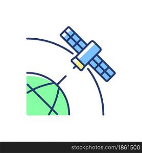 Polar Satellite blue, green RGB color icon. Artifial satelite investigating pole surface, magnetosphere. Thin line customizable illustration. Isolated vector illustration. Simple filled line drawing. Polar Satellite blue, green RGB color icon