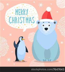 Polar white bear and emperor penguin, cartoon characters. Merry christmas greeting card. Preparing for winter holiday. Arctic animal in red hat and antarctic bird. Vector illustration in flat style. Polar Bear and Emperor Penguin, Greeting Card