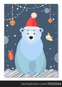 Polar white bear sitting alone among christmas decor. Xmas time, preparing for winter holiday. Arctic animal in festive red hat. Balls, garlands and present box. Vector illustration in flat style. Polar White Bear Among Christmas Decoration Balls