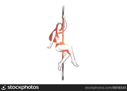 Pole, dance, girl, body concept. Hand drawn girl dancing with pole concept sketch. Isolated vector illustration.. Pole, dance, girl, body concept. Hand drawn isolated vector.