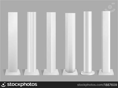Poles metal. Pillars for urban advertising sign and billboard metallic. Polish steel columns in different section shapes. Road sign post, street light and flags construction vector realistic 3d set. Poles metal. Pillars for urban advertising sign and billboard metallic. Polish steel columns in different section shapes. Road sign post, street light and flags construction vector 3d set