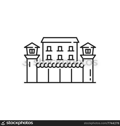 Police administration building isolate prison jail thin line icon. Vector government institution, supreme courthouse, city museum. Police justice legal house, court judgment prison with towers. Penitentiary prison isolated jail outline building