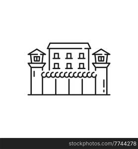 Police administration building isolate prison jail thin line icon. Vector government institution, supreme courthouse, city museum. Police justice legal house, court judgment prison with towers. Penitentiary prison isolated jail outline building