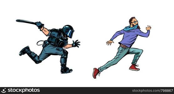 police arrest hipster protest. Pop art retro vector illustration drawing. police arrest hipster protest