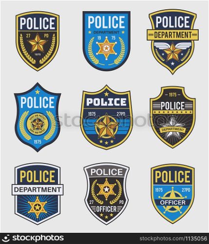 Police badges. Officer government badge, special police security medallion and federal agent signs, policeman insignia vector simple patches set. Police badges. Officer government badge, special police security medallion and federal agent signs, policeman insignia vector set
