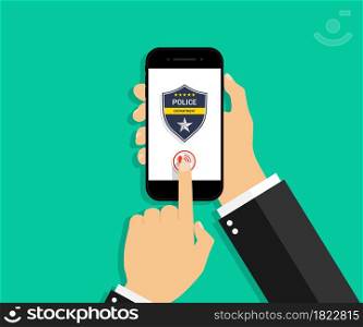 Police call in phone. Icon for emergency and 911. Police badge on smartphone screen for security and help. Hand holding phone with button for press and call 911. App for trouble. Vector.. Police call in phone. Icon for emergency and 911. Police badge on smartphone screen for security and help. Hand holding phone with button for press and call 911. App for trouble. Vector