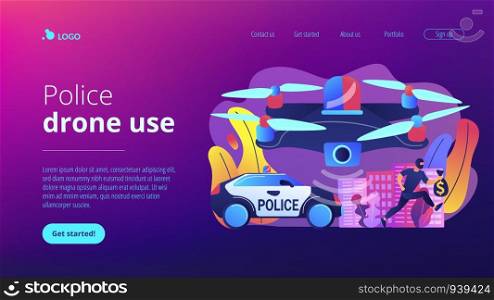 Police car and drone tracking thieve in mask with money and crime scene. Law enforcement drones, police drone use, smart city IoT tools concept. Website vibrant violet landing web page template.. Law enforcement drones concept landing page.