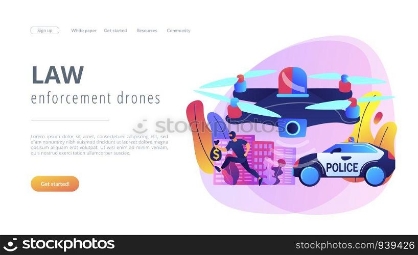 Police car and drone tracking thieve in mask with money and crime scene. Law enforcement drones, police drone use, smart city IoT tools concept. Website vibrant violet landing web page template.. Law enforcement drones concept landing page.