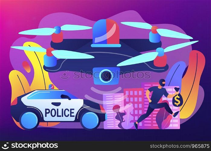 Police car and drone tracking thieve in mask with money and crime scene. Law enforcement drones, police drone use, smart city IoT tools concept. Bright vibrant violet vector isolated illustration. Law enforcement drones concept vector illustration.