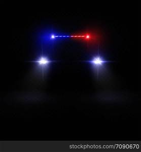 Police car headlight beams isolated on dark transparent background. Automobile at night road vector concept. Police car light, auto headlight in night illustration. Police car headlight beams isolated on dark transparent background. Automobile at night road vector concept