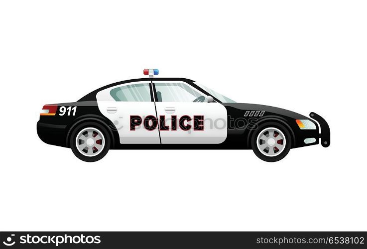 Police Car in Simple Cartoon Design. Speed Vehicle. Police car isolated illustration. Black-white automobile in simple cartoon style. Speed mean of transportation. Front and back headlights. Clear windows. Four doors. Side view. Flat design. Vector