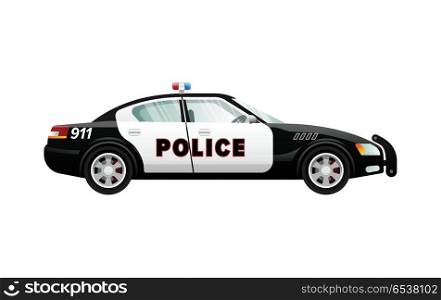 Police Car in Simple Cartoon Design. Speed Vehicle. Police car isolated illustration. Black-white automobile in simple cartoon style. Speed mean of transportation. Front and back headlights. Clear windows. Four doors. Side view. Flat design. Vector