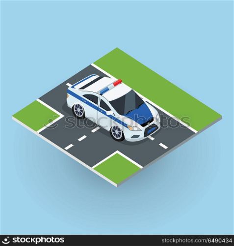 Police car on road vector illustration in isometric projection. NAME3 picture for concepts, web, app, icons, infographics, logotype design. Isolated on white background.. Police Car Illustration in Isometric Projection.. Police Car Illustration in Isometric Projection.