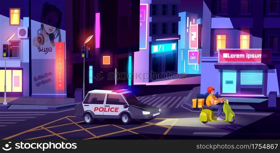 Police car pursue delivery man on scooter on city street at night. Vector cartoon cityscape with patrol vehicle with flashing light chasing courier on motorcycle with box. Police car pursue delivery man on scooter