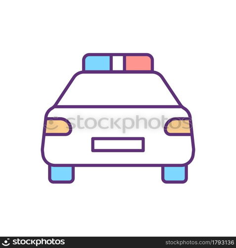 Police car RGB color icon. Vehicle for authority representative. Police officer auto. Emergency case. Law enforcement body. Isolated vector illustration. Simple filled line drawing. Police car RGB color icon