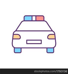 Police car RGB color icon. Vehicle for authority representative. Police officer auto. Emergency case. Law enforcement body. Isolated vector illustration. Simple filled line drawing. Police car RGB color icon