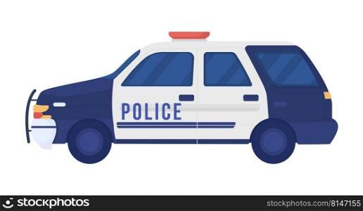 Police car semi flat color vector object. Editable figure. Full sized item on white. Urban security service simple cartoon style illustration for web graphic design and animation. Bebas Neue font used. Police car semi flat color vector object