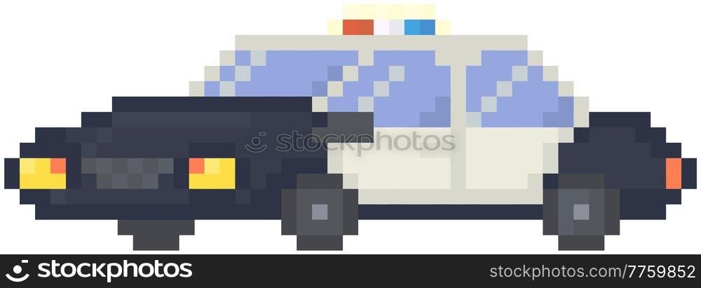 Police car with flashing lights for pixel-game design. Pixel transport for chasing criminals. Fast black and white automobile. Pexaleted police game. Quest by car, official automotive vehicle isolated. Police car with flashing lights. Pixel ransport for chasing criminals. Fast black and white vehicle